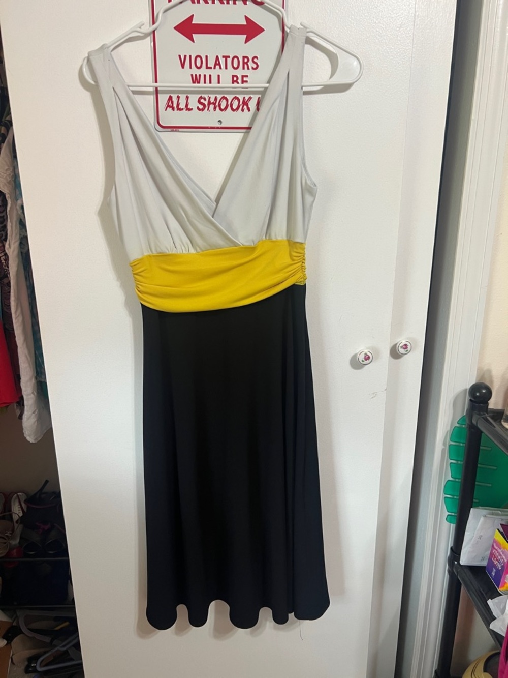 Calvin Klein Sleeveless V-Neck Midi Dress in White, Yellow & Black